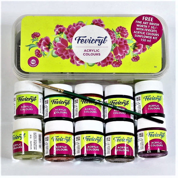 Fevicryl Acrylic Colors - Sunflower Kit - 15 ml, 10 Shades by Pidilite with a FREE Fine Art Brush