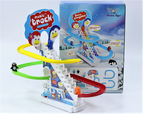 3 Penguin Slide Toy Set, Funny Automatic Stair - Climbing Penguin Cartoon Race Track Set Little Lovely Penguins Slide Toy Escalator Toy with Lights and Music