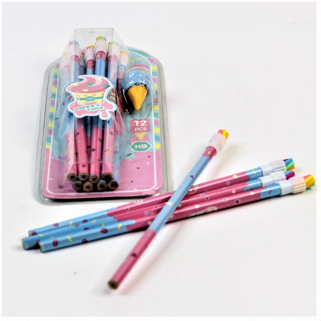 Little Tree Sweet Time Wooden Graphite Rubber Tipped Pencil Set With Cone Eraser | Stationery HB Pencil Set (Pack of 12)