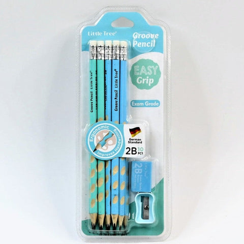 Little Tree Wooden Groove Rubber Tripped Pencil Set With Eraser And Sharpener | Groove Slim Triangle Pencil | Stationery HB Pencil Set (Pack Of 10)