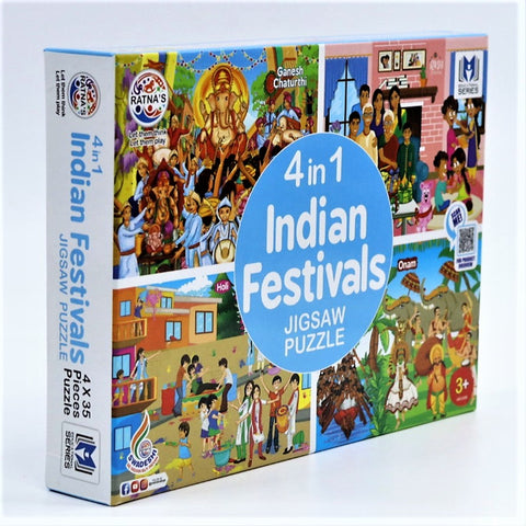 4 in 1 Indian Festivals Jigsaw Puzzle for Kids, 4 Jigsaw Puzzles with 35 Pieces Each (Ganesh Chaturthi, Raksha Bandhan, Holi & Onam)