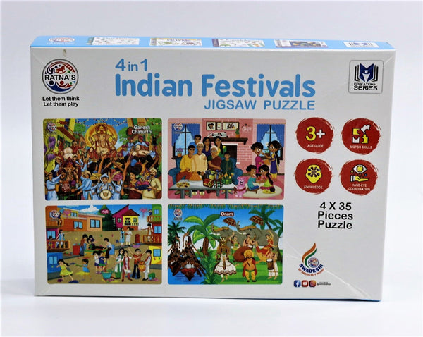 4 in 1 Indian Festivals Jigsaw Puzzle for Kids, 4 Jigsaw Puzzles with 35 Pieces Each (Ganesh Chaturthi, Raksha Bandhan, Holi & Onam)