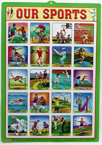 Our Sports Chart – Large Vibrant Color chart for Sports with Words in English and Hindi for Study Room, School for Kids (59.5 x 42.3 cm) - Laminated Paper Tear free hanging hole