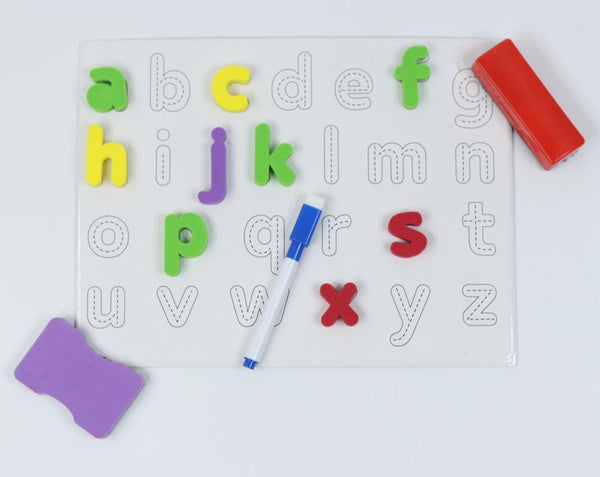 Magnetic Learn to Write Capital & Small Letters - Includes Write & Wipe Magnetic Board (Both Sides Magnetic), 26 Capital Letter & 26 Small Letter Magnets, Dry Erase Sketch Pen and Duster