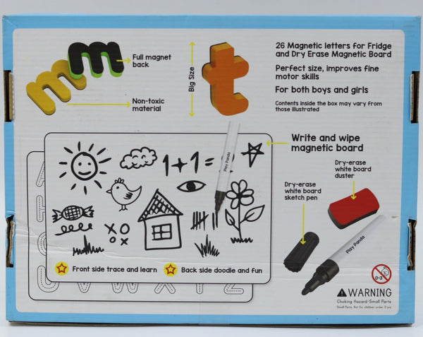 Magnetic Learn to Write Capital & Small Letters - Includes Write & Wipe Magnetic Board (Both Sides Magnetic), 26 Capital Letter & 26 Small Letter Magnets, Dry Erase Sketch Pen and Duster