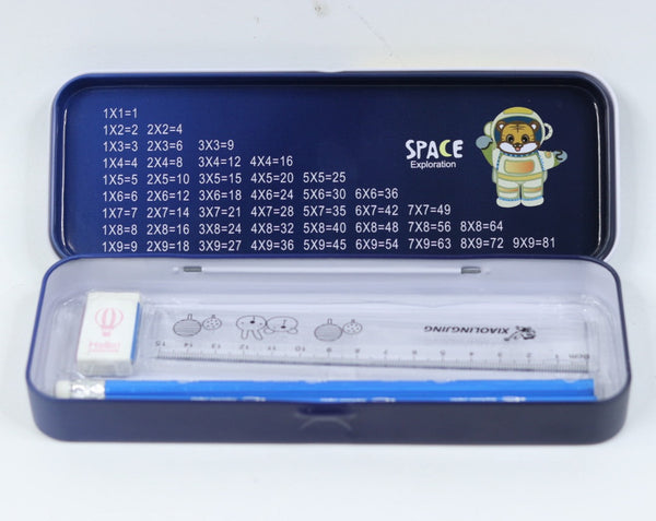 Space Exploration Theme Metal Pencil Box Case with Pencil, Eraser, Sharpener Stationery Set – Double Layer Pencil Case Stationary Organizer for Kids – Birthday Return Gift for Kids