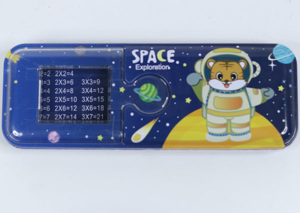 Space Exploration Theme Metal Pencil Box Case with Pencil, Eraser, Sharpener Stationery Set – Double Layer Pencil Case Stationary Organizer for Kids – Birthday Return Gift for Kids