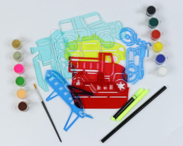 Hobby Vehicles Stencil Art & Craft Drawing Kit for Kids – Tracing and Coloring Set DIY Kit with Glitter for Boys & Girls