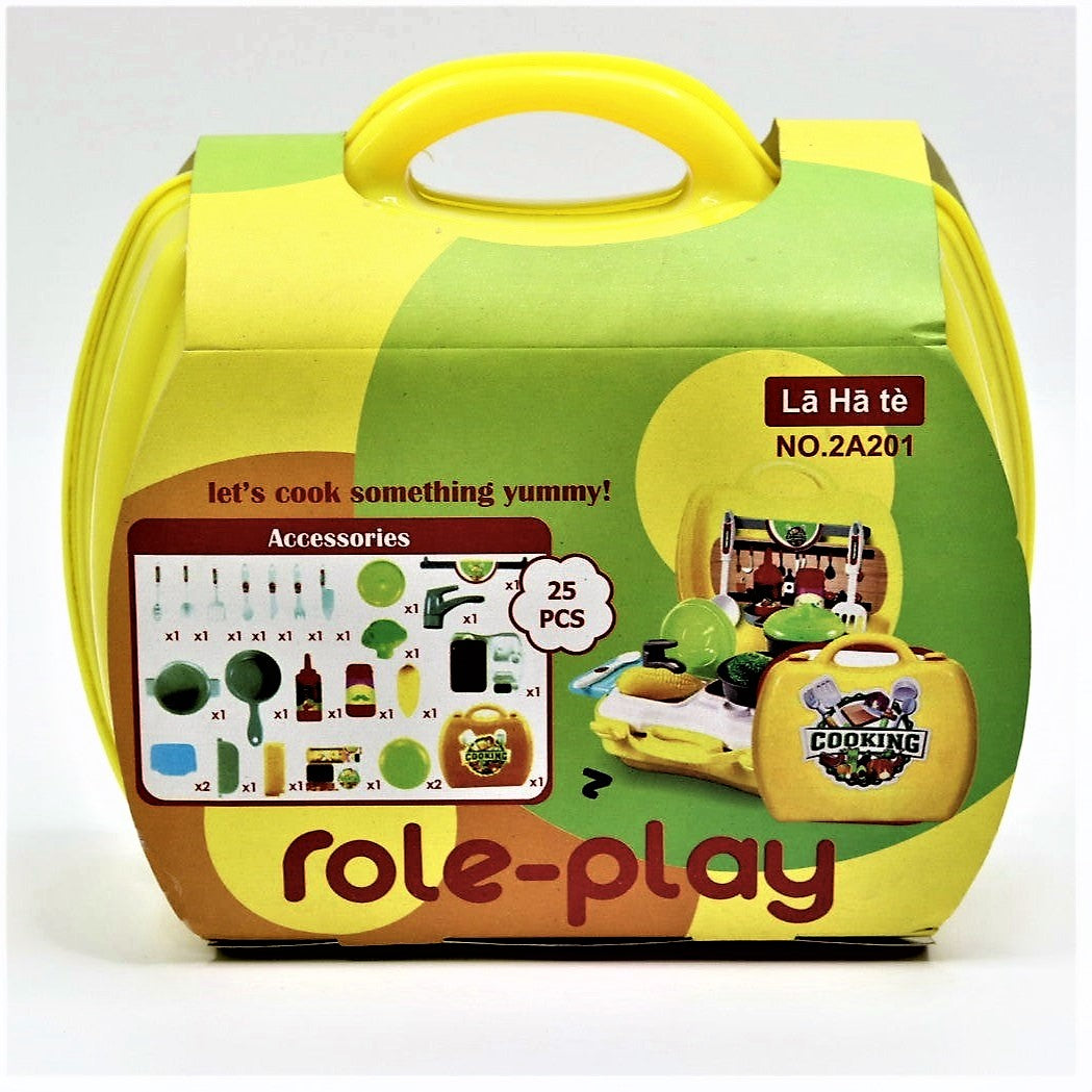 Kitchen Cooking Pretend Play Toy Set with Suitcase for Kids, Accessories, Plastic, Pack of 25 Pcs