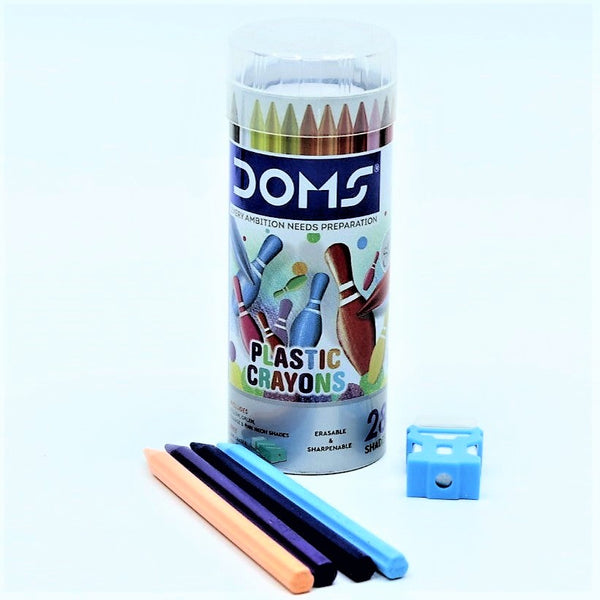 DOMS Plastic Crayon – 28 Vibrant Shades come in Round tin with FREE Sharpener