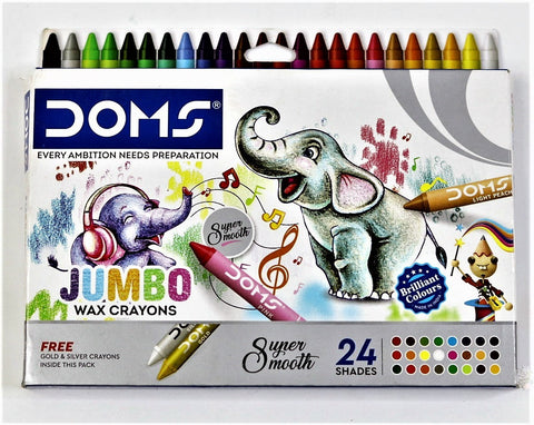 DOMS Jumbo Wax Crayon - 24 Shades, Multicolor with FREE Gold and Silver Crayons + One Jumbo Sharpener