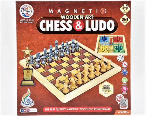 2 in 1 Magnetic Wooden Art Chess and Ludo Board Game, Wooden Crafted Magnetic Reversible Game Set for Kids and Family