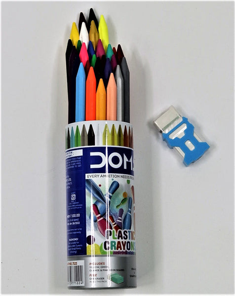 DOMS Plastic Crayon – 28 Vibrant Shades come in Round tin with FREE Sharpener