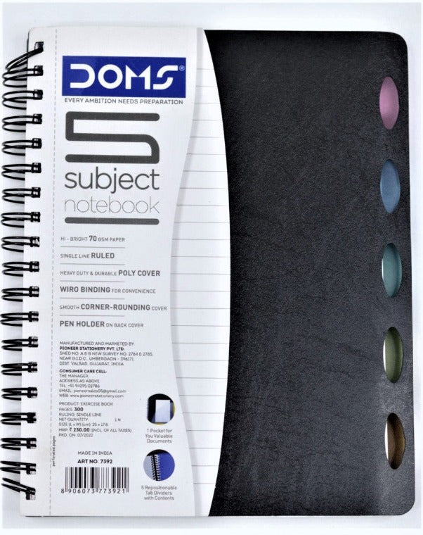 DOMS Spiral Binding 5 Subject Note Book 300 Pages, HI Bright 70 GSM Pa ...