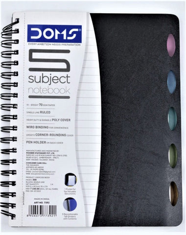 DOMS Spiral Binding 5 Subject Note Book 300 Pages, HI Bright 70 GSM Paper Single Ruled with Pen Holder for School, College and Office