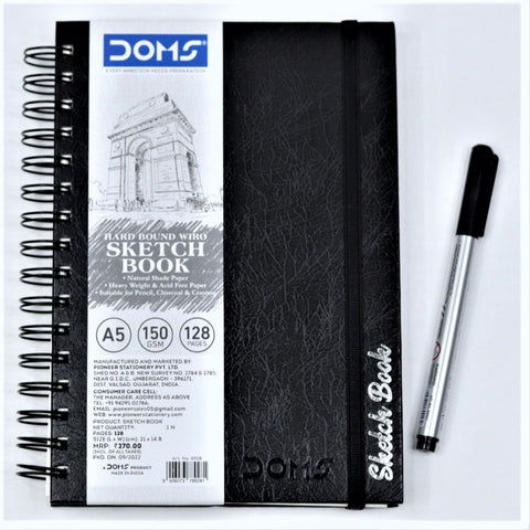 DOMS Hard Bound Spiral/Wiro Sketch Note Book 128 Pages, 150 GSM, A5 Size Acid Free Paper for Practicing and Professional Artists