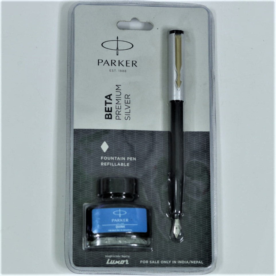 Parker Beta Silver Fountain Pen with Free 30 ml Black Ink Smooth Writi ...