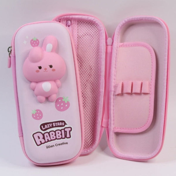 Soft Touch Pencil Case with Compartments - Kids Large Capacity School Supply Organizer Students Stationery Box - Girls Pen Pouch- Rabbit Pink