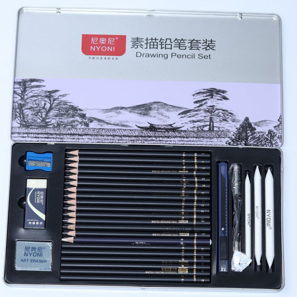 Drawing Pencil Set Professional Art Drawing Kit with Pencil Case / Graphite Pencils, Sticks, Sharpeners, Erasers and Paper Pad Notebook