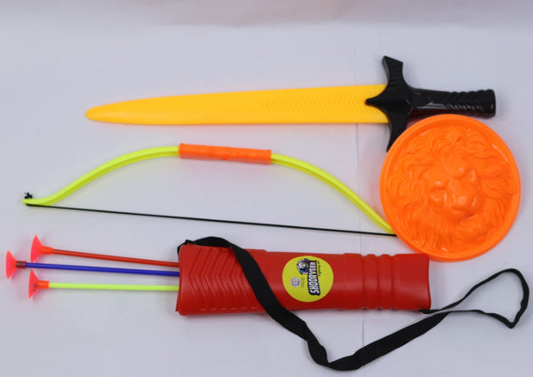 Shoorveer Fighting Set Archery Bow and Arrow Target Game | Sword and Shield Set for Kids| Indoor/Outdoor Target and Fighting Set Toy (Multicolor)