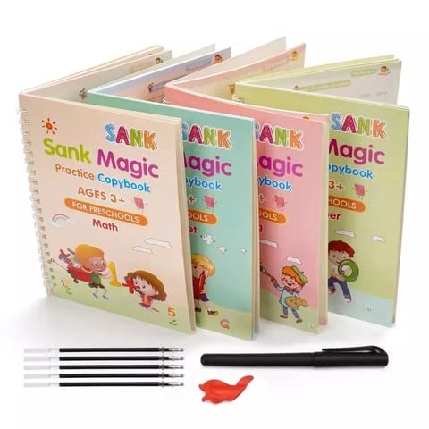 Reusable 4 Magic Sank Practice Copy Books – Math, Alphabet, Drawing, Number with 1 Magic Pen + 10 Refills + 1 Grip for Pre-School Education (Sank Book)