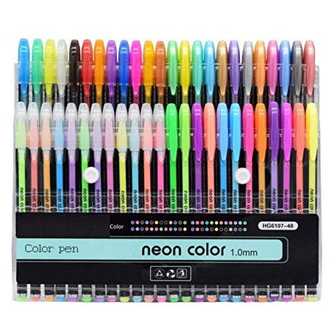 Set of 48 Neon Gel Pens consisting Fluorescent, Metallic, Glitter, and Pastel color pens For DIY Art & Crafts (Sketching, Drawing & Painting Purpose)