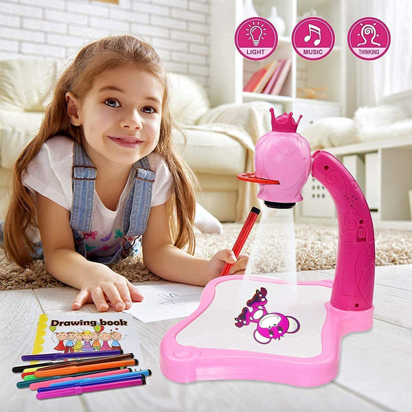 NN Drawing Projector Painting Desk Table with 3 Patterns -12 Colorful Water Pens with Table Lamp for Better Creativity and Education for Kids (Pink)