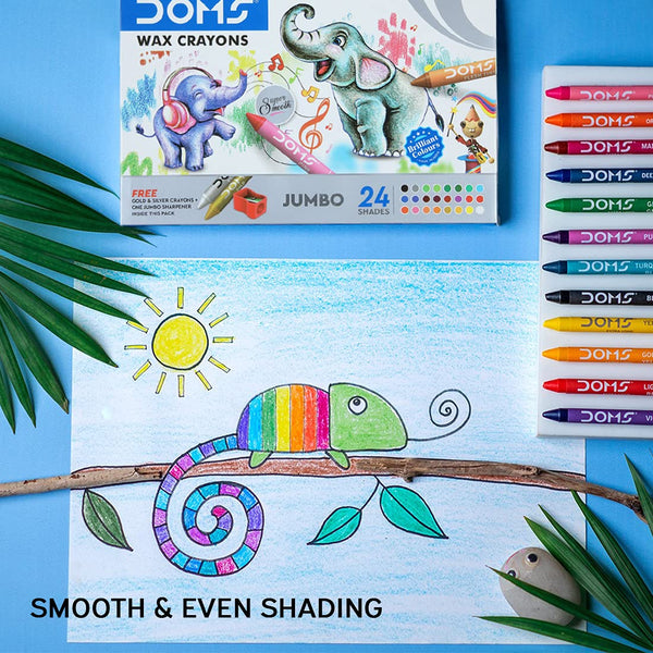 DOMS Jumbo Wax Crayon - 24 Shades, Multicolor with FREE Gold and Silver Crayons + One Jumbo Sharpener