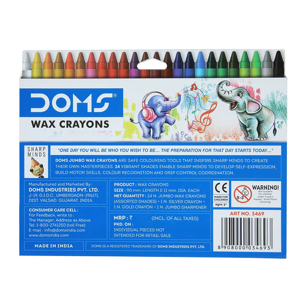 DOMS Jumbo Wax Crayon - 24 Shades, Multicolor with FREE Gold and Silver Crayons + One Jumbo Sharpener