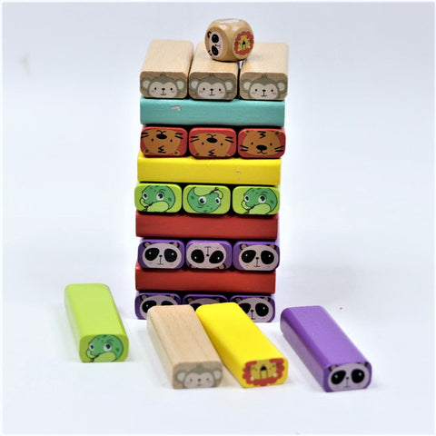Classic Animal Blocks Zenga with Dice, Colorful Stacking Tower Game, Wooden 54 Building Blocks Puzzle Toy for Kids (Multicolor)