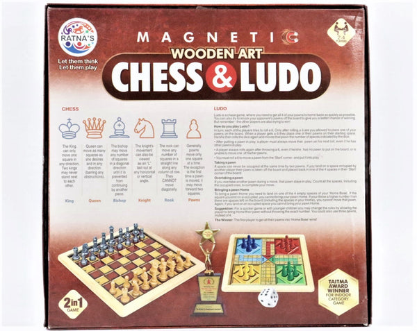 2 in 1 Magnetic Wooden Art Chess and Ludo Board Game, Wooden Crafted Magnetic Reversible Game Set for Kids and Family