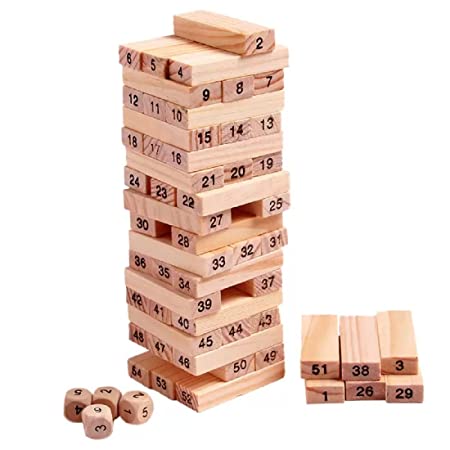 Educational Wooden Blocks Game for Adults and Kids, Hardwood Blocks - 54 pcs , Stacking Tower Game Wooden Jumbling Tower Toys