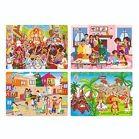 4 in 1 Indian Festivals Jigsaw Puzzle for Kids, 4 Jigsaw Puzzles with 35 Pieces Each (Ganesh Chaturthi, Raksha Bandhan, Holi & Onam)