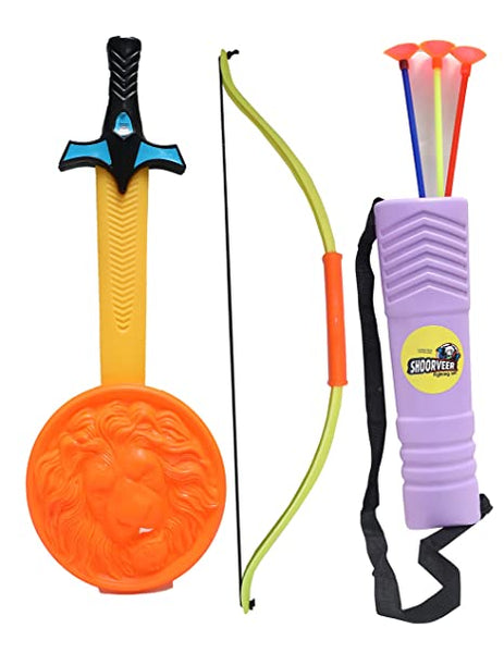 Shoorveer Fighting Set Archery Bow and Arrow Target Game | Sword and Shield Set for Kids| Indoor/Outdoor Target and Fighting Set Toy (Multicolor)