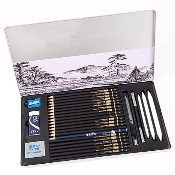 Drawing Pencil Set Professional Art Drawing Kit with Pencil Case / Graphite Pencils, Sticks, Sharpeners, Erasers and Paper Pad Notebook