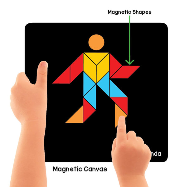 Fun Magnetic Shapes (Junior) board game: Type 1 with 44 Magnetic Shapes, Book with 200 Patterns and spelling, Magnetic Board and Display Stand