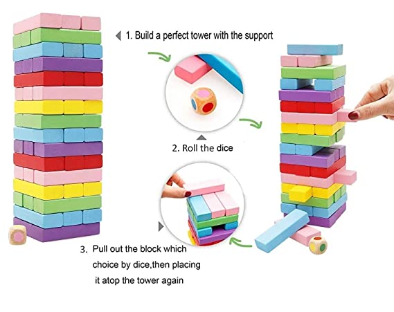 54 Pcs Colour Zenga Wooden Blocks Tumbling Tower Pieces Challenging Set dice Stacking Balancing Games Indoor (54 PC Color ZENGA) Tower, Toys with Dice Educational Puzzle Game Dominos