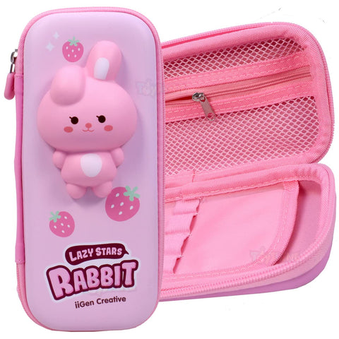 Soft Touch Pencil Case with Compartments - Kids Large Capacity School Supply Organizer Students Stationery Box - Girls Pen Pouch- Rabbit Pink