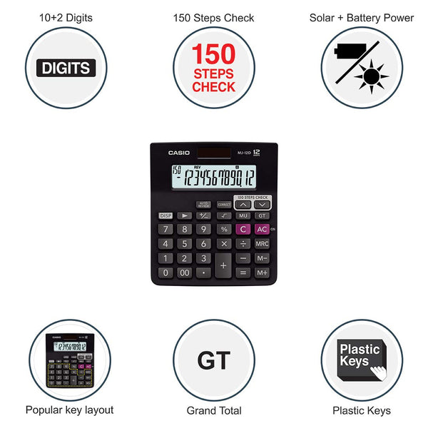 Casio MJ-12D 150 Steps Check and Correct Desktop Calculator, Black 7” Display Light Weight