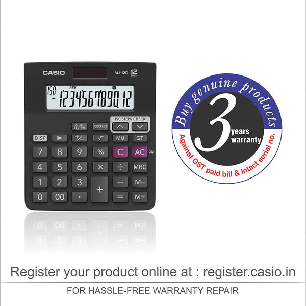 Casio MJ-12D 150 Steps Check and Correct Desktop Calculator, Black 7” Display Light Weight