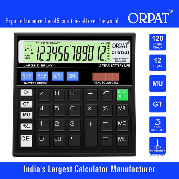 Orpat OT-512GT Calculator 120 Steps Check and Correct Desktop Calculator, Black 12 Digits Large Display Light Weight