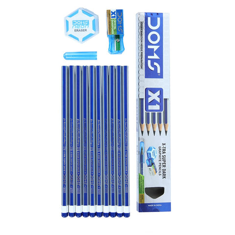 DOMS X1 Graphite Extra Dark Pencil With Eraser, Sharpener and Cap (Pack of 10)