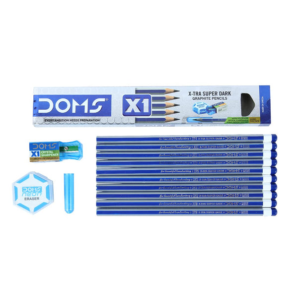 DOMS X1 Graphite Extra Dark Pencil With Eraser, Sharpener and Cap (Pack of 10)