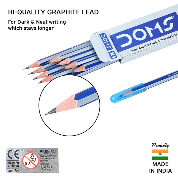 DOMS X1 Graphite Extra Dark Pencil With Eraser, Sharpener and Cap (Pack of 10)