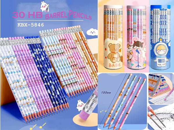 30 PCS / Roll Raw Wood Pre Sharpened Cute Graphite HB Pencils with Eraser (Assorted Color)