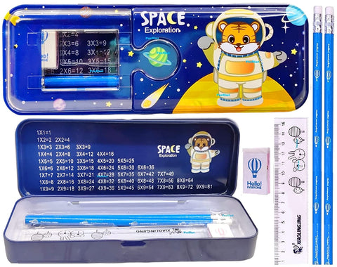 Space Exploration Theme Metal Pencil Box Case with Pencil, Eraser, Sharpener Stationery Set – Double Layer Pencil Case Stationary Organizer for Kids – Birthday Return Gift for Kids