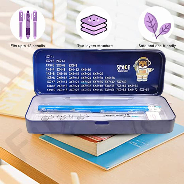 Space Exploration Theme Metal Pencil Box Case with Pencil, Eraser, Sharpener Stationery Set – Double Layer Pencil Case Stationary Organizer for Kids – Birthday Return Gift for Kids