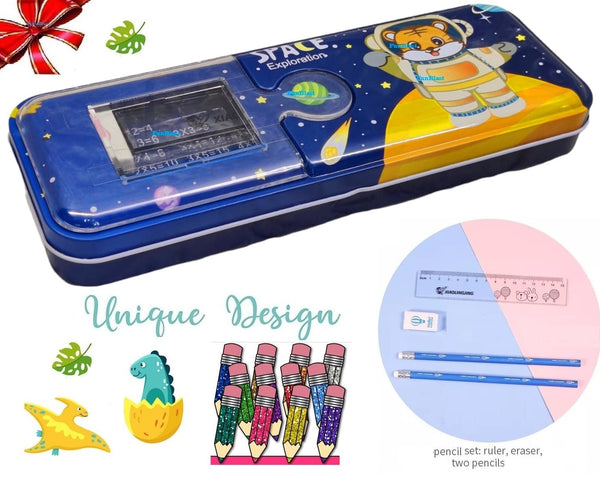 Space Exploration Theme Metal Pencil Box Case with Pencil, Eraser, Sharpener Stationery Set – Double Layer Pencil Case Stationary Organizer for Kids – Birthday Return Gift for Kids