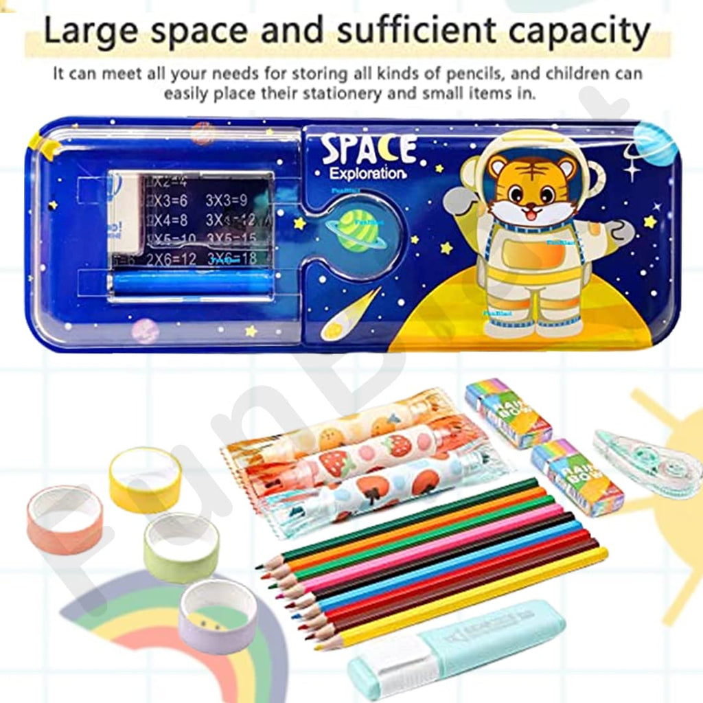 Space Theme Metal Pencil Box Case with Pencil, Eraser, Sharpener