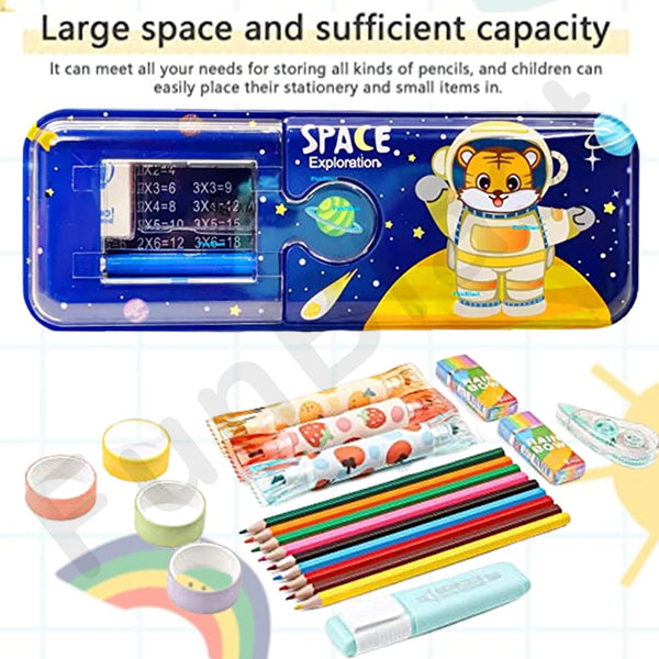 Space Exploration Theme Metal Pencil Box Case with Pencil, Eraser, Sharpener Stationery Set – Double Layer Pencil Case Stationary Organizer for Kids – Birthday Return Gift for Kids